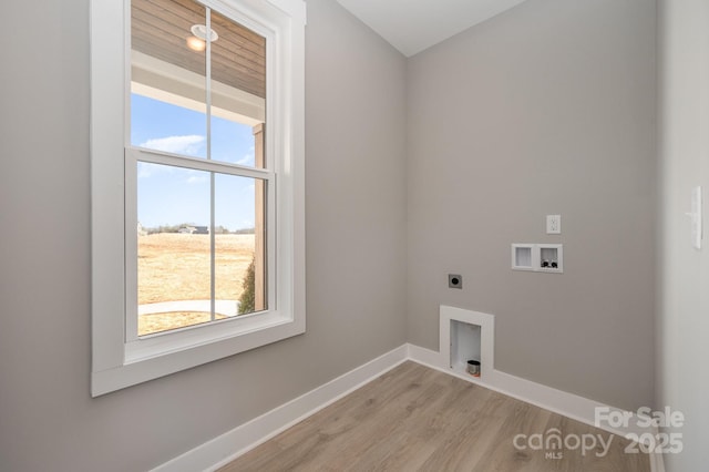 laundry room with electric dryer hookup, washer hookup, and light hardwood / wood-style flooring