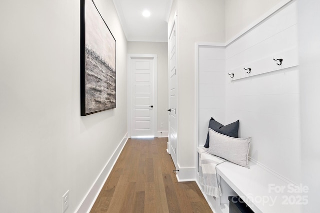 mudroom with hardwood / wood-style flooring and ornamental molding