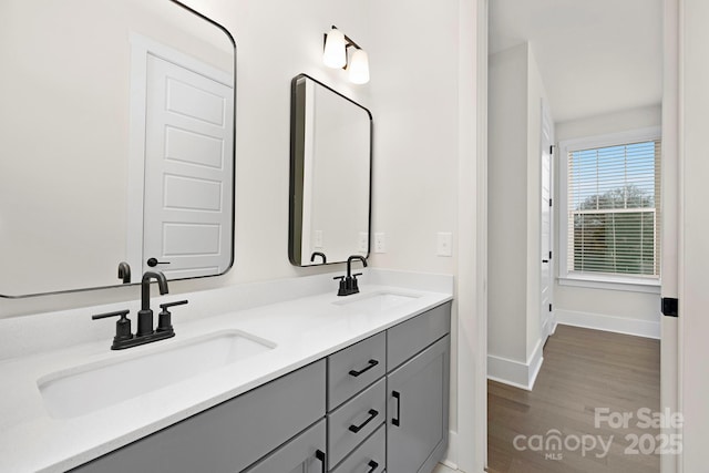 bathroom with hardwood / wood-style flooring and vanity