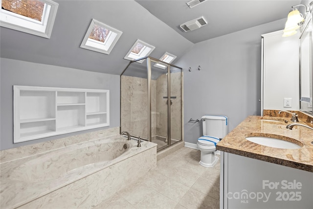 full bathroom with built in features, lofted ceiling with skylight, tile patterned floors, independent shower and bath, and toilet