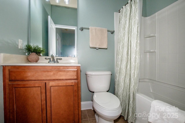 full bathroom with vanity, shower / tub combo, tile patterned floors, and toilet