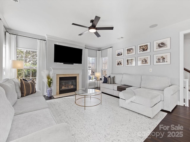 living room featuring dark hardwood / wood-style flooring, a wealth of natural light, a premium fireplace, and ceiling fan