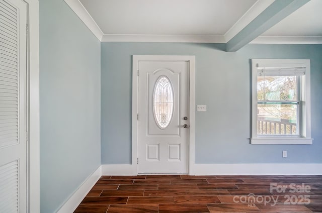 foyer with a wealth of natural light and ornamental molding