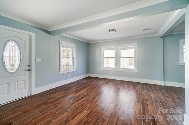 entryway with crown molding and dark wood-type flooring