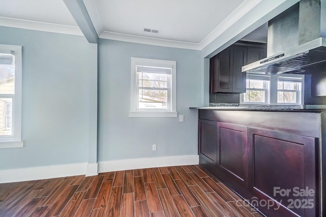 interior space featuring crown molding, a healthy amount of sunlight, and ventilation hood