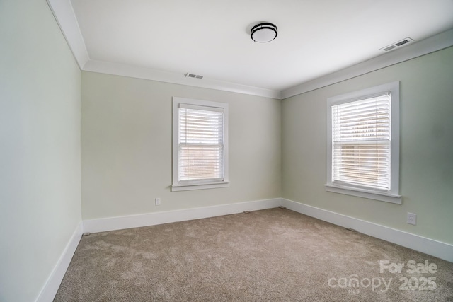 carpeted empty room featuring ornamental molding