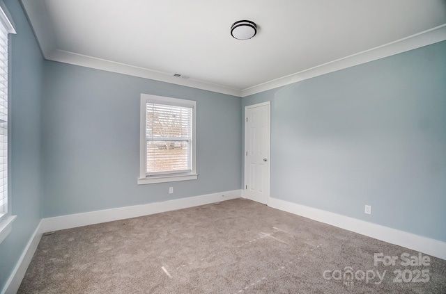 carpeted spare room with crown molding