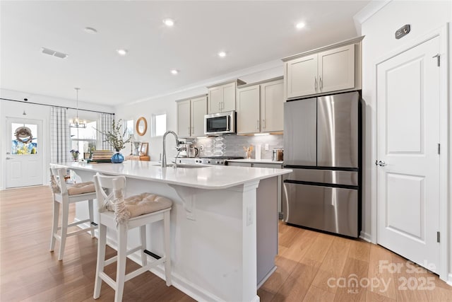 kitchen with a center island with sink, visible vents, appliances with stainless steel finishes, a breakfast bar, and a sink