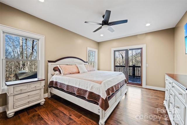 bedroom featuring dark hardwood / wood-style flooring, access to exterior, and ceiling fan