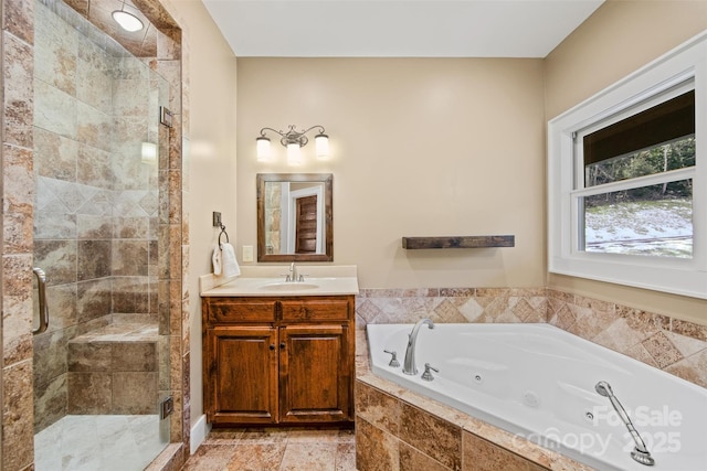 bathroom featuring vanity and plus walk in shower