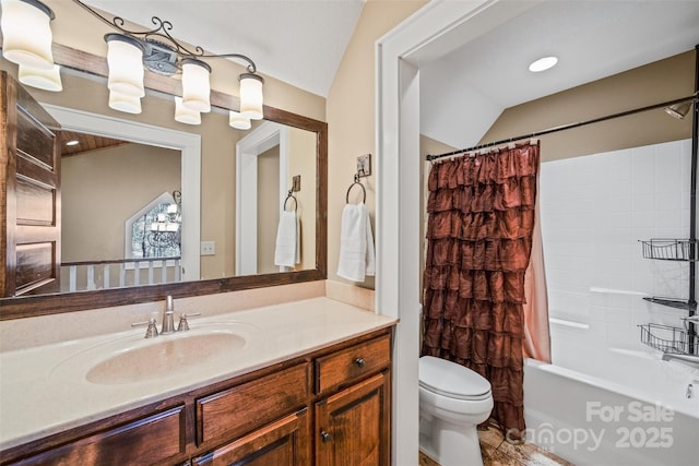 full bathroom with lofted ceiling, vanity, shower / bath combination with curtain, and toilet