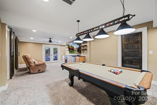 rec room featuring carpet floors, billiards, and french doors