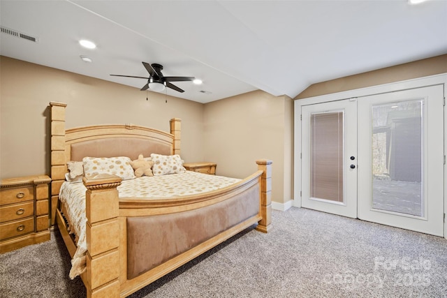 carpeted bedroom featuring french doors, ceiling fan, and access to outside