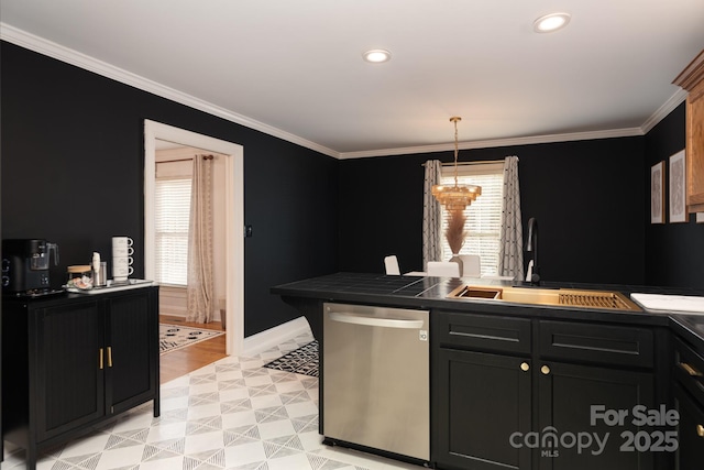 kitchen featuring sink, crown molding, tile countertops, dishwasher, and pendant lighting