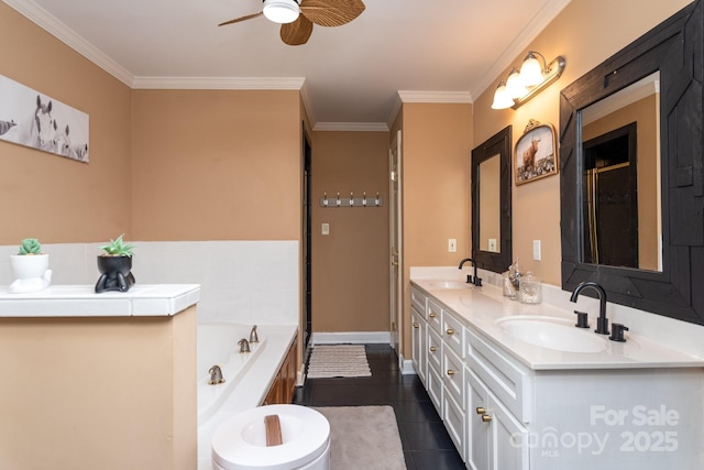 bathroom featuring crown molding, vanity, a bathing tub, ceiling fan, and tile patterned flooring