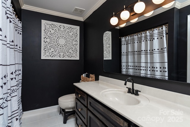 bathroom with vanity, ornamental molding, a shower with curtain, tile patterned floors, and toilet