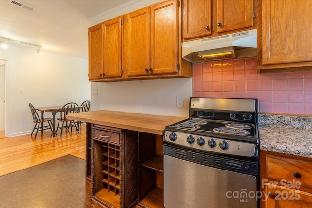 615 Biltmore Ave Unit T7, Asheville, NC 28803 - kitchen with visible vents, decorative backsplash, brown cabinets, stainless steel range with electric cooktop, and under cabinet range hood