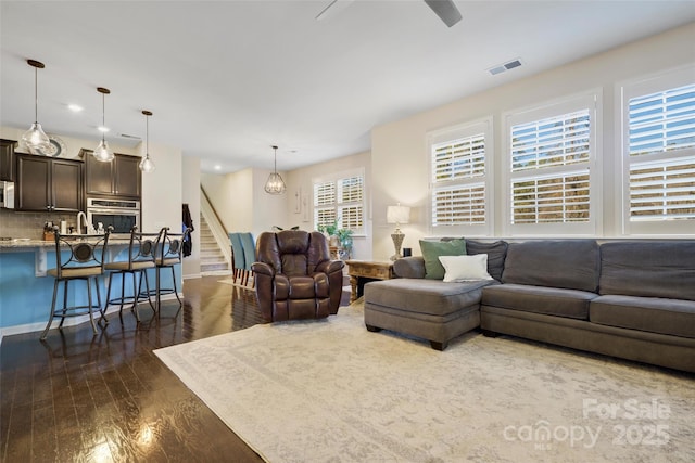 living room featuring sink and dark hardwood / wood-style floors