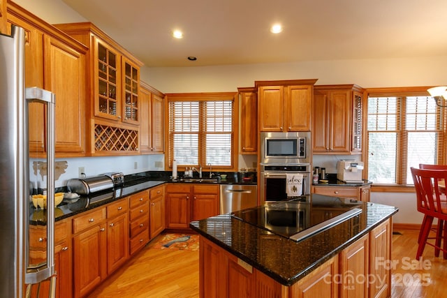 kitchen with sink, light hardwood / wood-style flooring, dark stone counters, and appliances with stainless steel finishes