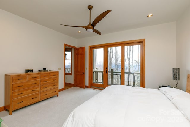 carpeted bedroom with access to exterior and ceiling fan