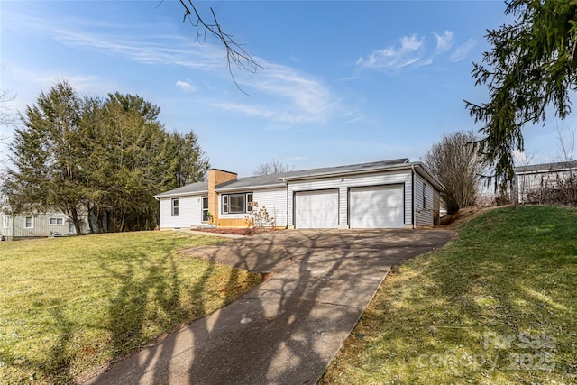 ranch-style house with a garage and a front lawn