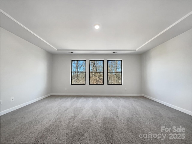 empty room with a tray ceiling and carpet floors