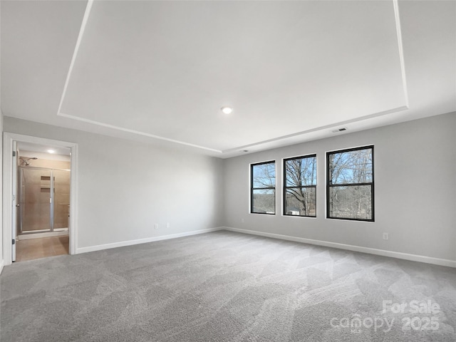 carpeted empty room with a tray ceiling