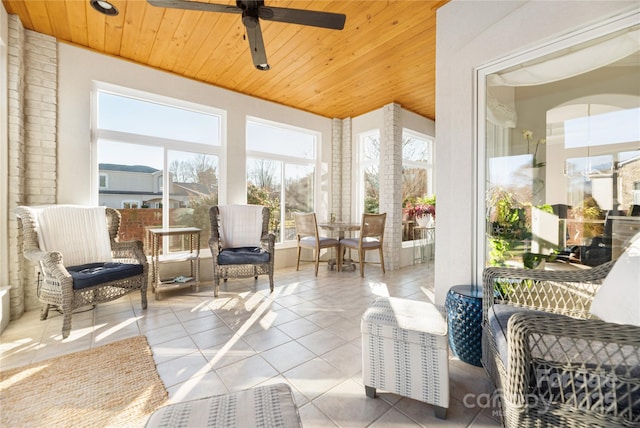 sunroom featuring ceiling fan and wooden ceiling