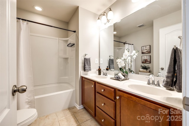 full bathroom with shower / bath combination with curtain, vanity, toilet, and tile patterned flooring