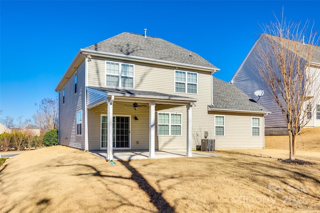 back of house with a patio, ceiling fan, and central air condition unit