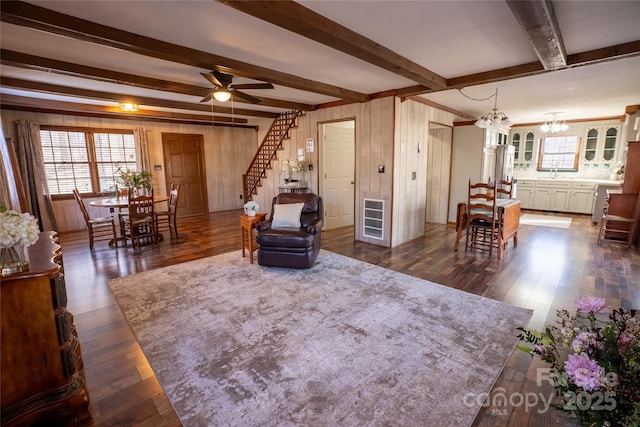 living room with ceiling fan with notable chandelier, dark hardwood / wood-style flooring, beamed ceiling, sink, and wood walls