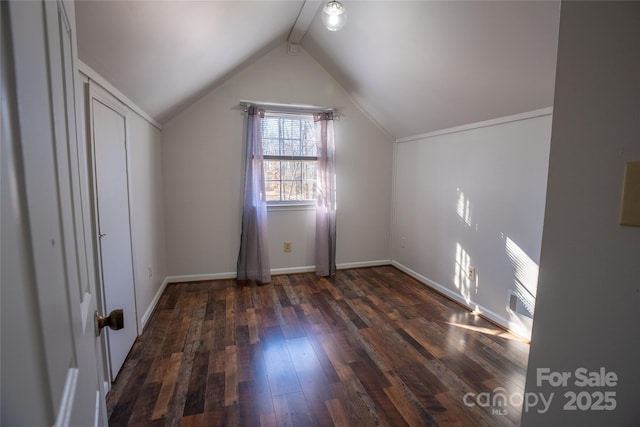 bonus room featuring vaulted ceiling with beams and dark hardwood / wood-style floors