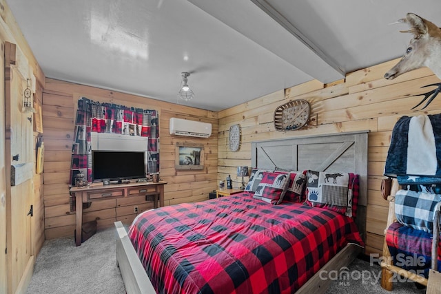 bedroom with beam ceiling, carpet, wood walls, and a wall mounted AC