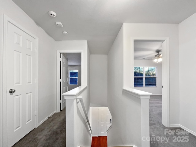 hall with dark colored carpet