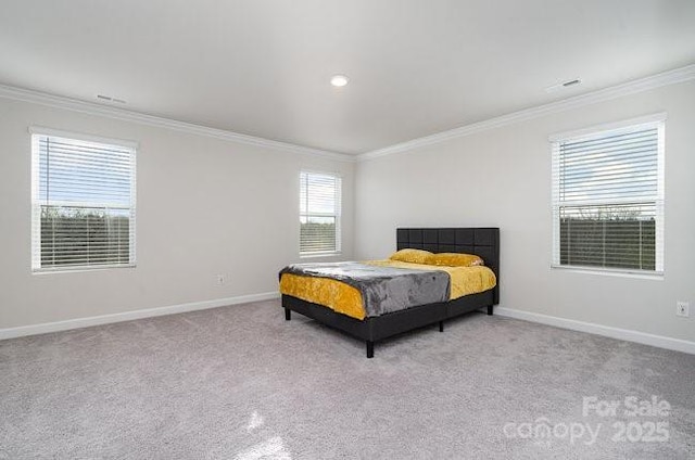 carpeted bedroom with crown molding