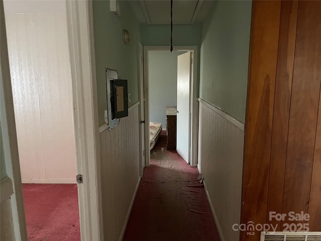 hallway featuring carpet floors and electric panel