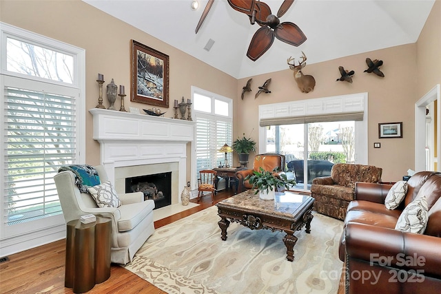 living room featuring lofted ceiling, ceiling fan, and light wood-type flooring