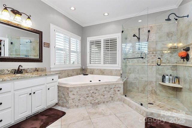 bathroom featuring crown molding, tile patterned floors, plus walk in shower, and vanity