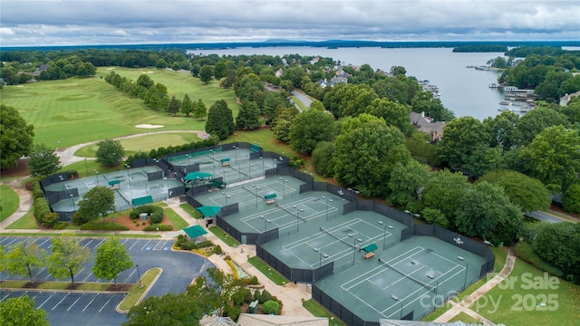 bird's eye view with a water view