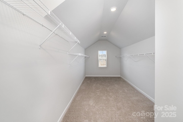 spacious closet with vaulted ceiling and carpet flooring