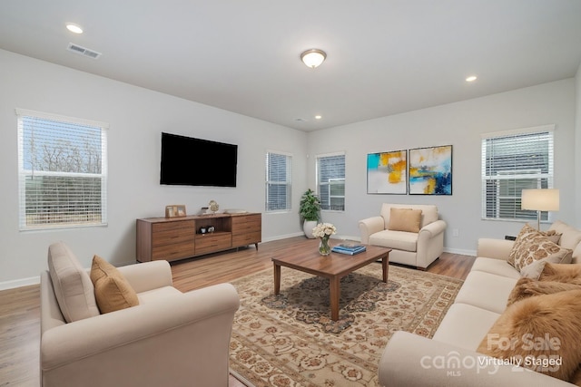 living room featuring plenty of natural light and light hardwood / wood-style flooring