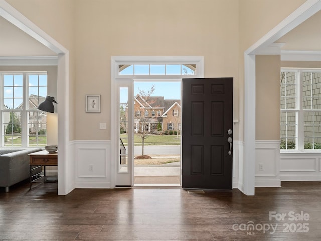 foyer entrance with a healthy amount of sunlight, a wainscoted wall, and dark wood-type flooring