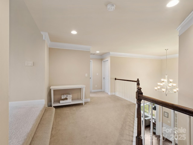 hallway featuring crown molding, recessed lighting, an inviting chandelier, carpet flooring, and baseboards