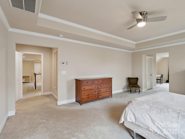 bedroom featuring baseboards, visible vents, ornamental molding, and light colored carpet