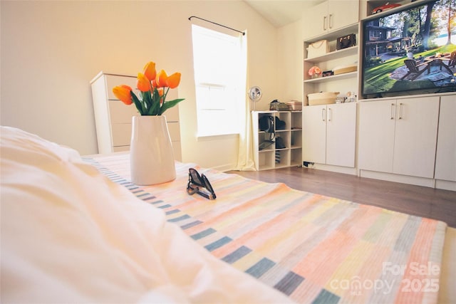 bedroom featuring wood-type flooring and vaulted ceiling