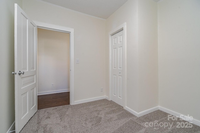 interior space with ornamental molding, carpet flooring, and a closet