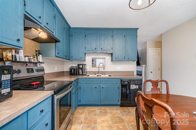 kitchen with stainless steel range with electric stovetop, sink, dishwasher, and blue cabinets