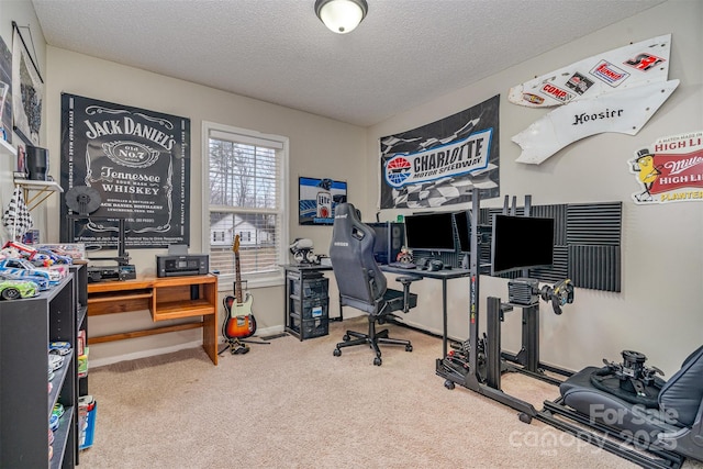 office area featuring carpet floors and a textured ceiling