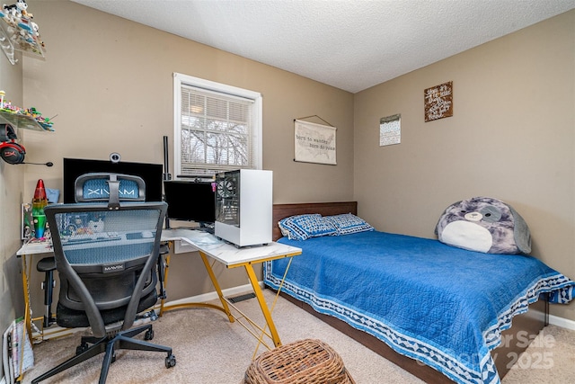 carpeted bedroom with a textured ceiling