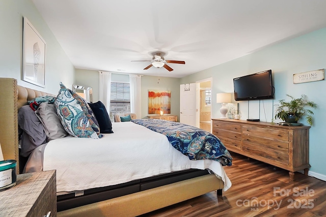 bedroom featuring dark hardwood / wood-style floors and ceiling fan